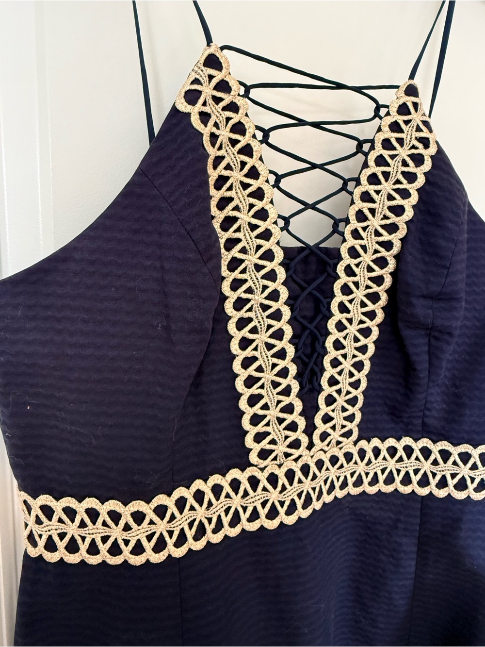 Lilly Pulitzer True Navy Shift Dress with Cream Crochet Waist Trim - Picture 4 of 7